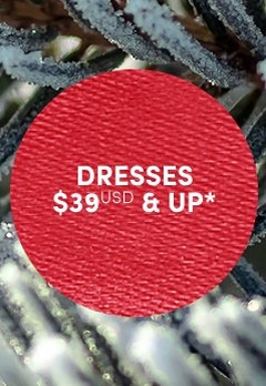 'Red circular badge with a fabric-like textured surface and white centered text that reads DRESSES $39 USD*, displayed over a softly blurred background of pine branches coated with snow and frost.'