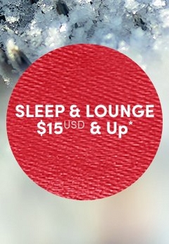 'Red circular badge with a woven fabric-like textured surface and white centered text that reads SLEEP & LOUNGE $15 USD & Up*, set against a softly blurred background of icy white snow and frosted pine branches.'