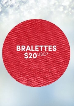 'Red circular badge with a subtle woven fabric-like texture and white centered text that reads BRALETTES $20 USD*, displayed over a softly blurred background of pale blue and white snow with frosted highlights.'