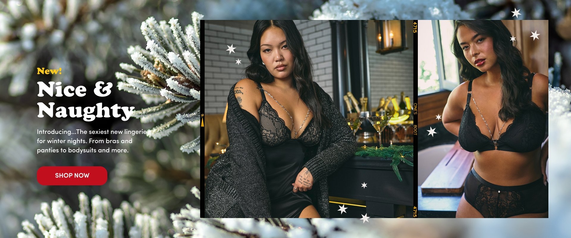 'Wide banner with a frosted pine branch background on the left and two photos on the right showing women modeling black lace lingerie. The left photo shows a woman sitting in a dim bar setting with champagne bottles and martini glasses behind her, wearing a black lace bra and slip dress with a sparkly knit cardigan draped off her shoulders. The right photo shows a woman standing near a window in a black lace bra and matching high-waisted panties with a chain detail across her chest. White stars are scattered around both images. On the left, white and yellow text reads New! Nice & Naughty Introducing...The sexiest new lingerie for winter nights. From bras and panties to bodysuits and more., with a red button below that reads SHOP NOW.'