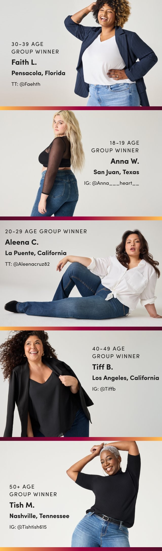 Vertical collage of five women representing Torrid’s Casting Call 2025 winners, each labeled by age group and location. Top: text reads '30–39 Age Group Winner Faith L. Pensacola, Florida TT: @Faehtth' beside a smiling woman with short curly hair wearing a navy pinstripe blazer over a white top and light jeans. Below: '18–19 Age Group Winner Anna W. San Juan, Texas IG: @Anna___heart__' beside a blonde woman in a sheer black long-sleeve crop top and jeans. Middle: '20–29 Age Group Winner Aleena C. La Puente, California TT: @Aleenacruz82' beside a woman reclining in jeans and a white tied blouse. Next: '40–49 Age Group Winner Tiff B. Los Angeles, California IG: @Tiffb' beside a woman with curly dark hair wearing a black cami and blazer. Bottom: '50+ Age Group Winner Tish M. Nashville, Tennessee IG: @Tishtish615' beside a smiling woman with short silver hair wearing a black top and jeans, posing with arms raised.