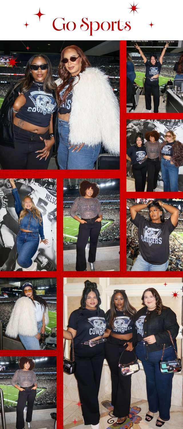 'Vertical collage on a red background with small red starburst graphics showing multiple women at a football stadium and indoors wearing Cowboys and Raiders graphic tees styled with denim, faux-fur jackets, leather jackets, black pants, jeans, and accessories; top image shows two women in sunglasses posing together, followed by a woman raising her arms in a Cowboys tee at the stadium, a trio in Raiders and Cowboys tees standing together, individual portraits of women posing in denim sets, sparkly tops, and team tees against stadium backdrops, and a bottom group shot of three women in Cowboys tees with crossbody bags standing on a patterned floor.'