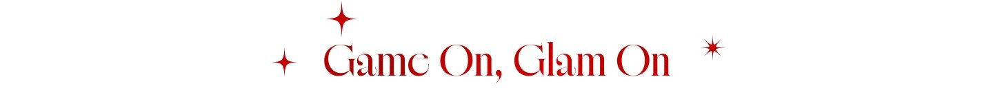 'White background with red text that reads Game On, Glam On, with three small red sparkle icons around the text.'