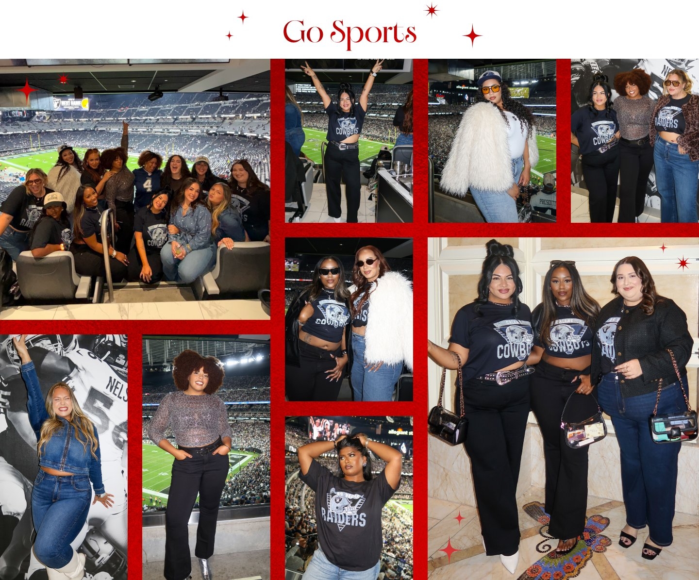 'A collage of ten photos featuring different women wearing denim and team graphic tops at a football stadium and indoors; top left shows a group of eleven women smiling in stadium seats with the field behind them; top center shows a woman in a black Cowboys tee raising both arms with the crowd behind her; top right shows a woman in a white fuzzy jacket, white tee with the number 52, light wash jeans, and a clear purse standing in front of the field; top far right shows three women standing together against a black-and-white football mural wearing a silver sequin top with black pants, a black Cowboys tee with black pants, and a blue denim jacket with jeans; middle left shows a close-up of a woman posing in a denim jacket and jeans against the black-and-white football mural; middle center shows a woman with a silver sequin top and black pants standing by stadium glass with the field behind her; middle right shows two women standing inside wearing a black Cowboys tee with black pants and a white fuzzy jacket with black pants; bottom left shows a woman wearing a black Raiders tee and light wash jeans posing by stadium glass; bottom right shows three women posing indoors wearing a black Cowboys tee with black pants and studs belt, a black Cowboys tee with black pants and sunglasses, and a black textured sweater with dark wash jeans, each carrying metallic handbags; small red star graphics appear throughout on a red background with white text reading Go Sports at the top.'
