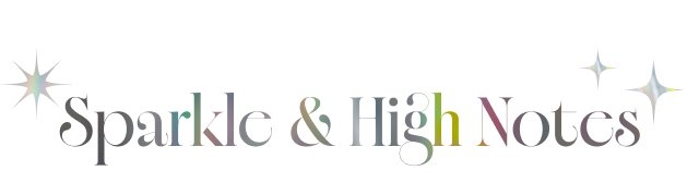 'The phrase Sparkle & High Notes appears in a tall serif font with each letter filled in a soft gradient of pastel metallic colors including silver, lavender, green, and gold; a small four-point starburst sits to the left of the word Sparkle, two starbursts sit above the word Notes, and the entire design is centered on a white background'