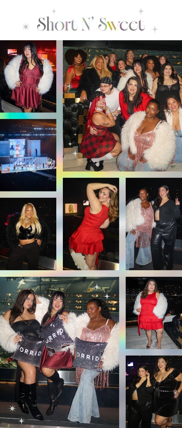 'Tall collage titled Short N Sweet with small star icons; top left shows a woman in a burgundy satin babydoll dress with a white fuzzy jacket standing in a stadium suite; top right shows a large group of twelve women posing together in red, black, pink, denim, and faux-fur party looks in a gold-accented lounge; second row left shows a wide stadium shot of the stage with performers in white; second row right shows a woman in a red plaid mini dress sitting next to a woman in a pink sequin fringe top and white fuzzy jacket; third row left shows a woman in a black faux-leather crop top, black wide-leg pants, and a black fuzzy jacket; third row center shows a woman in a red ruffled mini dress posing with one hand in her hair; third row right shows two women, one in a pink sequin dress and the other in black leather pants and a black top, both standing with peace signs; bottom left shows three women posing with black TORRID sequin pillows while wearing a strapless black mini dress, a burgundy satin babydoll dress, and a pink sequin fringe top with a white fuzzy jacket; bottom right shows a woman in a red ruffled dress with a white fuzzy jacket, and below her two women posing together—one wearing a black cutout top and the other in a black velvet dress—against the glowing stadium crowd'