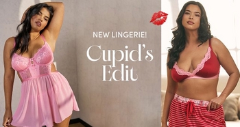 Two women model Valentine’s Day lingerie. On the left, a woman wears a pink lace and mesh babydoll. On the right, she wears a pink lace bralette with red and pink striped shorts. Text reads: “New Lingerie. Cupid’s Edit.”