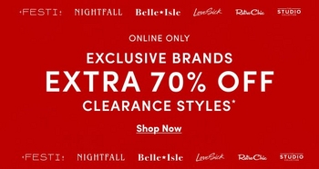 'Solid red background patterned at the top and bottom with repeating white brand logos FESTI., NIGHTFALL, Belle★Isle, LoveSick, Retro Chic, and STUDIO COLLECTION; centered white text reads ONLINE ONLY; below it larger white text reads EXCLUSIVE BRANDS; bold red text outlined in white reads EXTRA 70% OFF; white text below reads CLEARANCE STYLES*; under that white underlined text reads Shop Now.'