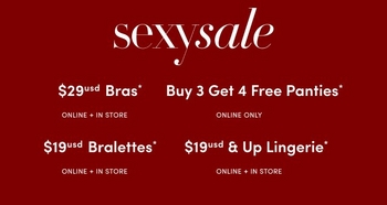 'Solid deep red background with large white script text at the top reading sexysale; below are four white offer blocks: $29usd Bras* with ONLINE + IN STORE beneath, Buy 3 Get 4 Free Panties* with ONLINE ONLY beneath, $19usd Bralettes* with ONLINE + IN STORE beneath, and $19usd & Up Lingerie* with ONLINE + IN STORE beneath.'