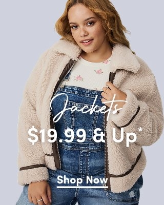'A woman with light brown wavy hair wears a cream sherpa jacket with brown trim over a white floral top and blue denim overalls against a light gray background. White script text across the jacket reads Jackets. Large white text across the lower center reads $19.99 USD & Up*. A white underlined button below reads Shop Now.'*