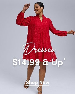 'A woman with short black hair wears a red lace long-sleeve dress with a tiered skirt, smiling with one arm raised against a light gray background. White script text across the center reads Dresses. Large white text across the lower center reads $14.99 USD & Up*. A white underlined Shop Now button appears below.'*