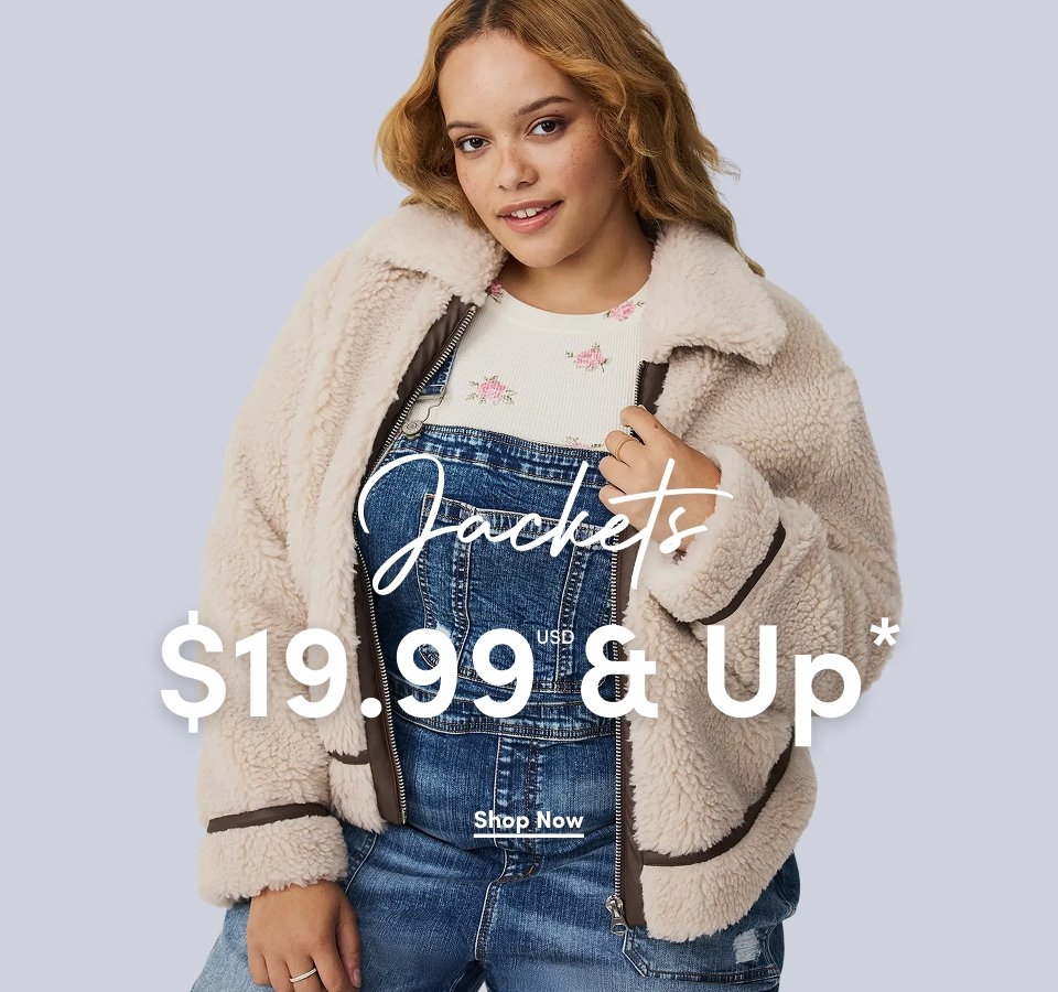 'A woman with light brown wavy hair wears a cream sherpa jacket with brown trim over a white floral top and blue denim overalls against a light gray background. White script text across the jacket reads Jackets. Large white text across the lower center reads $19.99 USD & Up*. A white underlined button below reads Shop Now.'*