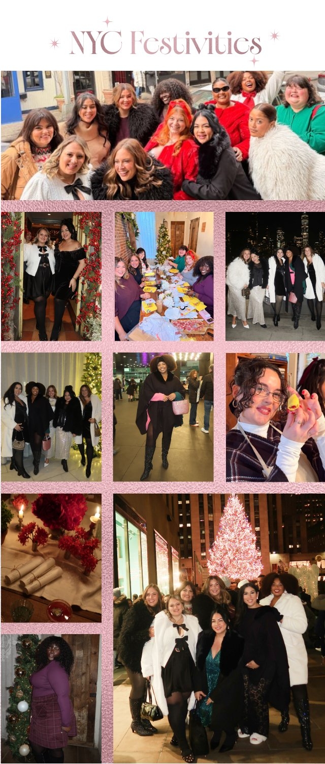 'Collage titled NYC Festivities in light pink text with small sparkle star icons on a white background above a grid of photos framed by a textured pink border, featuring groups of women celebrating a holiday event in New York City: top wide photo shows a group selfie outdoors on a city street with women wearing festive outfits in red, black, white, green, faux fur, and sweaters; below are smaller images including two women posing in a doorway framed with red berry garland wearing a white cardigan over a black bow-front dress and a black off-the-shoulder dress; a long indoor dining table scene with women seated together, yellow menus, plates, glasses, candles, red floral arrangements, rolled menus, and a decorated Christmas tree in the background; a nighttime rooftop group photo with women in white faux fur jackets, black dresses, and metallic skirts against a city skyline; a group of women posing indoors near a lit Christmas tree wearing black, white, and metallic outfits and holding handbags; a full-body photo of a woman indoors wearing a black wrap with fur trim, black gloves, sparkly knee-high boots, and holding a pink handbag; a close-up of a candlelit table with red flowers, wine glasses, votive candles, and rolled menus; a large nighttime group photo in front of an illuminated outdoor Christmas tree surrounded by tall buildings; a close-up of a woman holding a small yellow rubber duck while wearing glasses and layered winter clothing; and a full-body portrait of a woman standing beside a decorated Christmas tree wearing a purple top, plaid skirt, black tights, and knee-high boots, conveying a festive, glamorous NYC holiday gathering.'