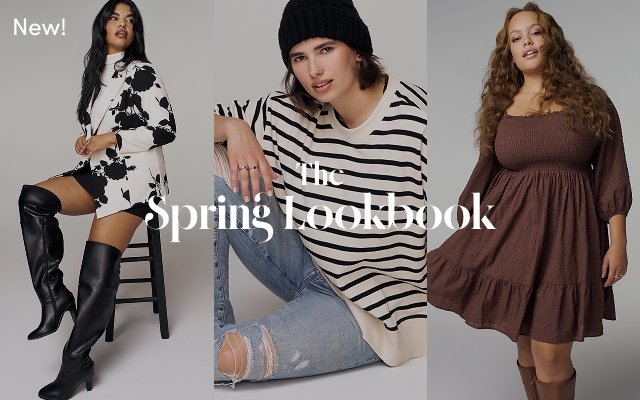 Three women model spring outfits against a neutral background. Looks include a black and white floral blazer with a mini skirt and knee high boots, a striped oversized sweater with ripped jeans and a beanie, and a brown long sleeve tiered dress. Text reads: “New! The Spring Lookbook.”