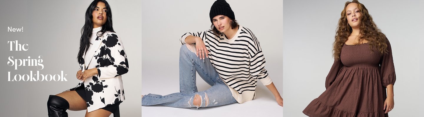 Three women model spring outfits against a neutral background. Looks include a black and white floral blazer with a mini skirt and knee high boots, a striped oversized sweater with ripped jeans and a beanie, and a brown long sleeve tiered dress. Text reads: “New! The Spring Lookbook.”