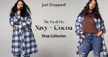 Two views of a model wearing a long blue and white plaid shirt jacket. On the left she wears it buttoned up and on the right she wears it open over a brown top and distressed jeans. Text reads: Just Dropped! New In Blue Shop Collection.