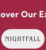A square banner with a deep pink to burgundy gradient background. In the upper right corner, white text reads 'Dis' (partially visible, likely part of 'Discover' or similar word that extends beyond the frame). In the lower left portion, a white rounded rectangular pill-shaped button or badge contains black text that reads 'NIGHTFALL' in an elegant serif font.