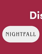 A square banner with a deep pink to burgundy gradient background. In the upper right corner, white text reads 'Dis' (partially visible, likely part of 'Discover' or similar word that extends beyond the frame). In the lower left portion, a white rounded rectangular pill-shaped button or badge contains black text that reads 'NIGHTFALL' in an elegant serif font.