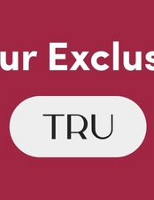 A square banner with a deep pink to burgundy gradient background. At the top, large white text reads 'ur Exclus' (partially visible, likely part of 'Our Exclusive' or similar phrase that extends beyond the frame). Below in the center, a white rounded rectangular pill-shaped button or badge contains black text that reads 'TRU' in a clean sans-serif font.