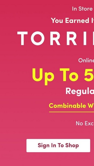 A horizontal promotional banner with a pink gradient background. On the left side, large bold white text reads 'TORRID CA$H' with a dollar sign replacing the 'S' in 'CASH'. On the right side, white text at the top states 'Regular Price' (partially visible). Below that, yellow underlined text reads 'Combinable With Torrid Cash'. Further down in smaller white text it says 'No Exclusions!' In the far right corner, a white rectangular button displays 'Shop Now' in dark text.