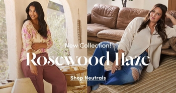 Two women model casual outfits indoors. Left shows a floral long sleeve top with mauve pants near an arched window. Right shows a neutral button front top with distressed jeans on a leather sofa. Text reads New Collection Rosewood Haze Shop Neutrals.