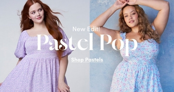 Two women model pastel dresses against a light backdrop. Left wears a lavender short sleeve dress. Right wears a blue floral dress. Text reads New Edit Pastel Pop Shop Pastels.