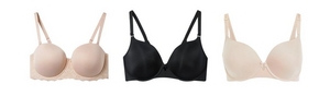 'Product lineup showing three bras on white background displayed front view. Left: light beige underwire bra with lace trim band and adjustable straps. Center: black wireless bra with V-neckline and adjustable straps. Right: ivory underwire bra with smooth cups and adjustable straps with small bow detail at center front.'