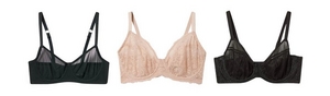 'Product lineup showing three wireless bras on white background displayed front view. Left: black sheer mesh bra with underwire-free design and adjustable straps. Center: light beige lace bra with wireless cups, scalloped lace trim throughout, and adjustable straps. Right: black lace bra with underwire-free design, scalloped lace trim along top edge, and adjustable straps.'
