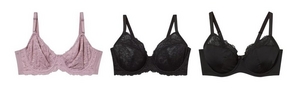 'Product lineup showing three underwire bras on white background displayed front view. Left: dusty pink lace bra with full lace coverage on cups, scalloped trim, and adjustable straps. Center: black lace bra with full lace coverage on cups, scalloped trim throughout, and adjustable straps. Right: black smooth satin or microfiber bra with lace trim along top edge of cups and adjustable straps.'