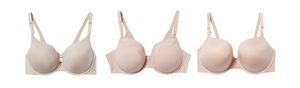 'Product lineup showing three underwire bras on white background displayed front view. Left: ivory or off-white bra with smooth molded cups, front clasp closure with decorative detail, and adjustable straps. Center: light pink bra with lace trim along center gore and bottom band, molded cups, and adjustable straps. Right: light beige or nude bra with smooth molded cups, front clasp closure with small bow detail at center, and adjustable straps.'