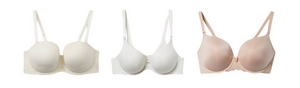 'Product lineup showing three underwire bras on white background displayed front view. Left: ivory or off-white bra with smooth molded cups, lace trim along bottom band, and adjustable straps. Center: white bra with smooth molded cups, small decorative bow at center front, and adjustable straps. Right: light pink bra with smooth molded cups, lace trim along center gore, and adjustable straps.'