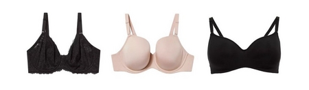 'Product lineup showing three bras on white background displayed front view. Left: black lace underwire bra with full lace coverage on cups, scalloped trim, and adjustable black straps. Center: light pink underwire bra with smooth molded cups and adjustable straps. Right: black wireless bra with smooth V-neckline cups and adjustable straps.'.