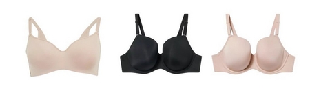 Three bras displayed flat on a white background. From left to right: a nude beige wire-free bra with smooth cups, a V-neckline, and wide straps, a black t-shirt bra with smooth molded cups and wide adjustable straps, and a blush pink t-shirt bra with smooth molded cups and wide adjustable straps.
