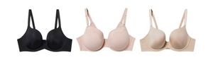 'Product lineup showing three underwire bras on white background displayed front view. Left: black bra with smooth molded cups and adjustable straps. Center: light pink bra with lace trim along center gore and top edge of cups, molded cups, and adjustable straps. Right: light beige or nude bra with smooth molded cups and adjustable straps.'