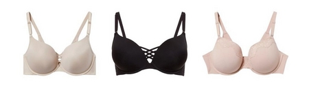 Three bras displayed flat on a white background. From left to right: a nude beige t-shirt bra with smooth molded cups and adjustable straps, a black wire-free plunge bra with smooth cups, a crisscross lattice detail at center front, and wide straps, and a blush pink t-shirt bra with smooth molded cups, lace detail along the top of the cups, and adjustable straps.