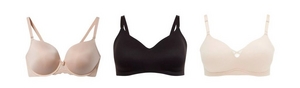 'Product lineup showing three bras on white background displayed front view. Left: light beige underwire bra with molded cups, lace trim along bottom band, small decorative bow at center front, and adjustable straps. Center: black wireless bra with smooth V-neckline cups and adjustable straps. Right: ivory or off-white wireless bra with smooth cups, small button detail at center front, and adjustable straps.'