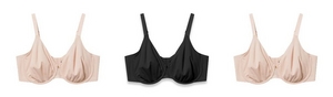 'Three bras displayed on a white background. On the left and right are identical smooth full-coverage underwire bras in a light nude blush color with adjustable straps. In the center is the same style bra in black.'