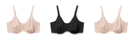 'Three bras displayed on a white background. On the left and right are identical smooth full-coverage underwire bras in a light nude blush color with adjustable straps. In the center is the same style bra in black.'