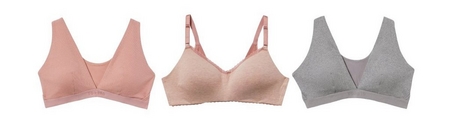 'Three wire-free bralettes displayed flat on a white background. From left to right: a coral pink ribbed triangle bralette with a wide band and pull-on style, a blush pink wire-free bra with lightly lined cups, lace trim along the neckline, and adjustable straps, and a heather gray triangle bralette with a wide band and pull-on style.