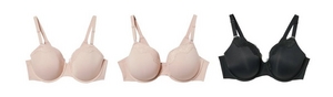 'Product lineup showing three underwire bras on white background displayed front view. Left: light beige bra with smooth molded cups, lace trim along top edge, and adjustable straps. Center: light pink bra with smooth molded cups, lace trim along top edge, and adjustable straps. Right: black bra with smooth molded cups, lace trim along top edge and sides, and adjustable straps.'