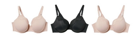 Three t-shirt bras displayed flat on a white background. From left to right: a nude beige t-shirt bra with smooth molded cups, lace detail along the top of the cups, and adjustable straps, a black t-shirt bra with smooth molded cups, lace detail along the top of the cups, and adjustable straps, and a blush pink t-shirt bra with smooth molded cups, lace detail along the top of the cups, and adjustable straps.