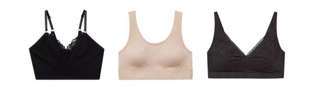 'Product lineup showing three wireless bralettes on white background displayed front view. Left: black bralette with lace trim along V-neckline and adjustable straps. Center: light beige ribbed bralette with scoop neckline and wide shoulder straps. Right: dark charcoal gray bralette with lace trim along V-neckline and adjustable straps.'