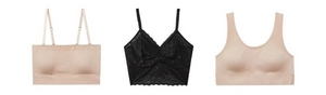 'Three bralettes displayed flat on a white background. From left to right: a nude beige ribbed longline bandeau bralette with a straight neckline and adjustable straps, a black lace longline bralette with a V-neckline, thin straps with scalloped edges, and floral lace throughout, and a nude beige ribbed scoop-neck bralette with wide straps and a wide supportive band.