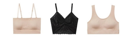 Three bralettes displayed flat on a white background. From left to right: a nude beige ribbed longline bandeau bralette with a straight neckline and adjustable straps, a black lace longline bralette with a V-neckline, thin straps with scalloped edges, and floral lace throughout, and a nude beige ribbed scoop-neck bralette with wide straps and a wide supportive band.