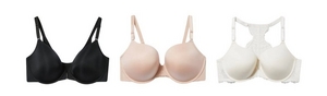 'Product lineup showing three underwire bras on white background displayed front view. Left: black bra with smooth molded cups, front clasp closure visible at center, and adjustable straps. Center: light pink or blush bra with smooth molded cups and adjustable straps. Right: ivory or off-white bra with smooth molded cups, lace trim detail on racerback-style back panel visible, and wide adjustable straps.'