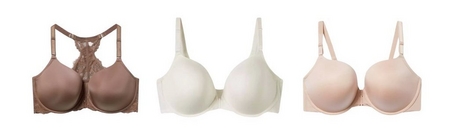 Three bras displayed flat on a white background. From left to right: a mocha brown bra with smooth molded cups and a lace racerback panel with adjustable straps shown from a front-back angle, a cream-colored t-shirt bra with smooth molded cups and wide straps, and a blush pink t-shirt bra with smooth molded cups and adjustable straps.