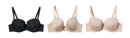 'Three bras displayed flat on a white background. From left to right: a black strapless bra with smooth molded cups and wide straps attached, a nude beige strapless bra with smooth molded cups and wide straps attached, and a light pink strapless bra with smooth molded cups and wide straps attached. All three feature similar silhouettes with convertible strap options.