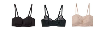 'Product lineup showing three bras on white background displayed front view. Left: black underwire bra with smooth molded cups and adjustable straps. Center: black sheer mesh wireless bra with V-neckline and adjustable straps. Right: light pink or blush lace bralette with full lace coverage, gathered center detail, scalloped trim along bottom edge, and adjustable straps.'