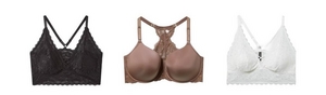 'Product lineup showing three bras on white background displayed front view. Left: black lace bralette with full lace coverage, V-neckline, crisscross back straps, and scalloped edges. Center: medium brown or mocha underwire bra with smooth molded cups, lace racerback panel visible, and adjustable straps. Right: white lace bralette with full lace coverage, V-neckline, front clasp detail, and adjustable straps.'