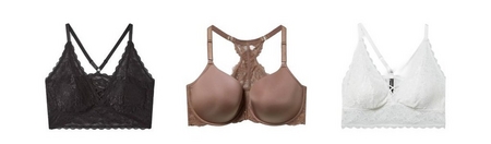 'Product lineup showing three bras on white background displayed front view. Left: black lace bralette with full lace coverage, V-neckline, crisscross back straps, and scalloped edges. Center: medium brown or mocha underwire bra with smooth molded cups, lace racerback panel visible, and adjustable straps. Right: white lace bralette with full lace coverage, V-neckline, front clasp detail, and adjustable straps.'